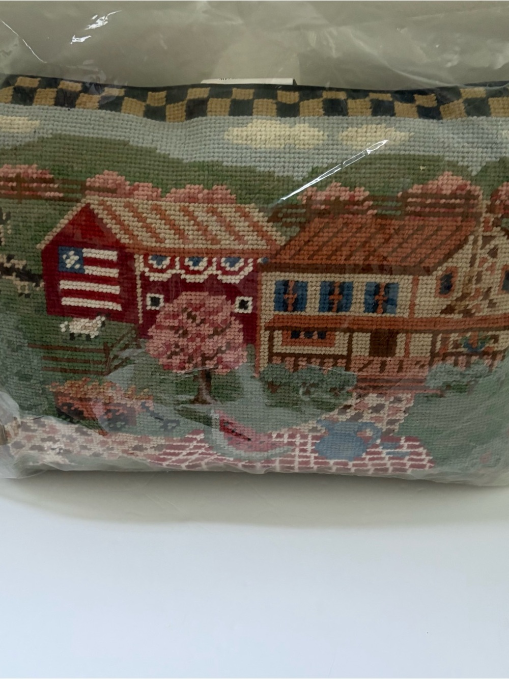 Needlepoint "Farm House Scene" Pillow with Insert. 12"x16".Velvet Zippered Back.